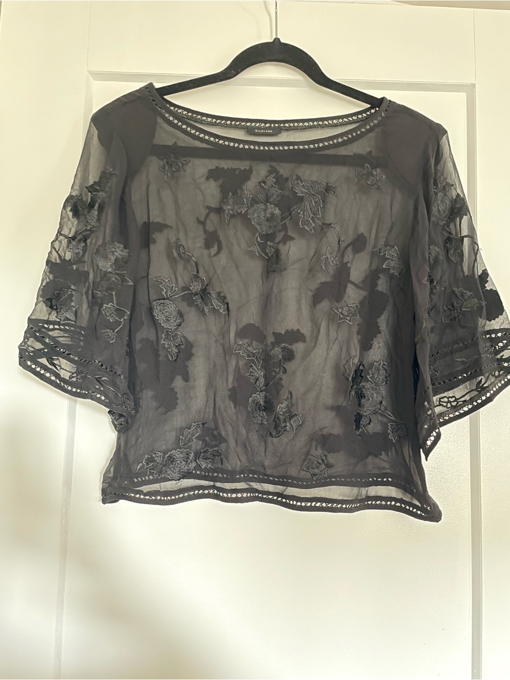 SilkLand Sheer Black Embroidered Floral Blouse